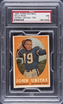1958 Topps Football Unopened Cello Pack, Johnny Unitas on Top – PSA NM 7 "1 of 1!"